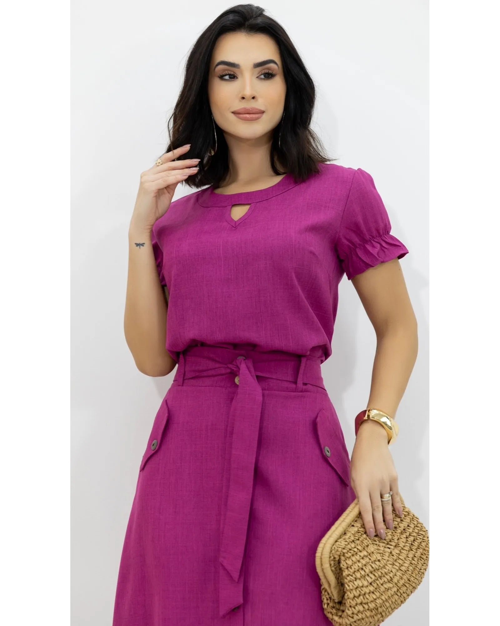 Conjunto Saia e Blusa Linho Decote Gota