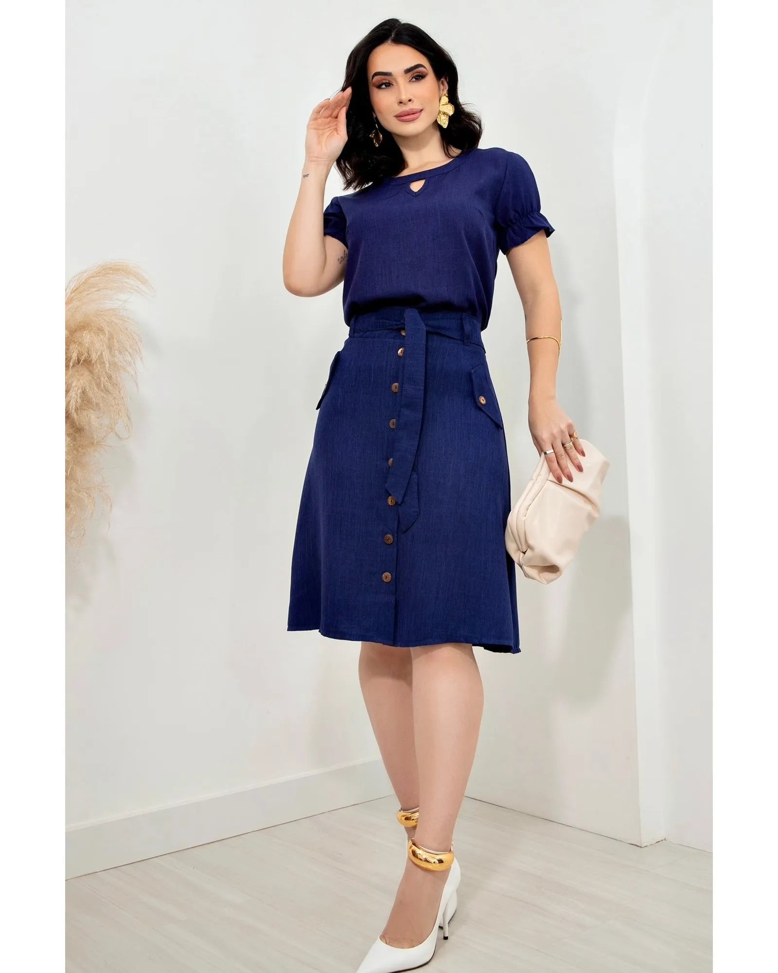 Conjunto Saia e Blusa Linho Decote Gota